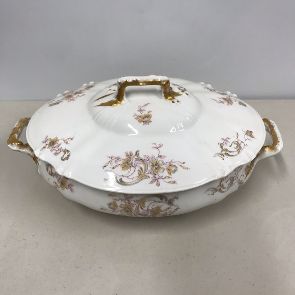 Haviland Limoges Lidded Tureen w Pink Flowers & Gold Trim France - Picture 1 of 9